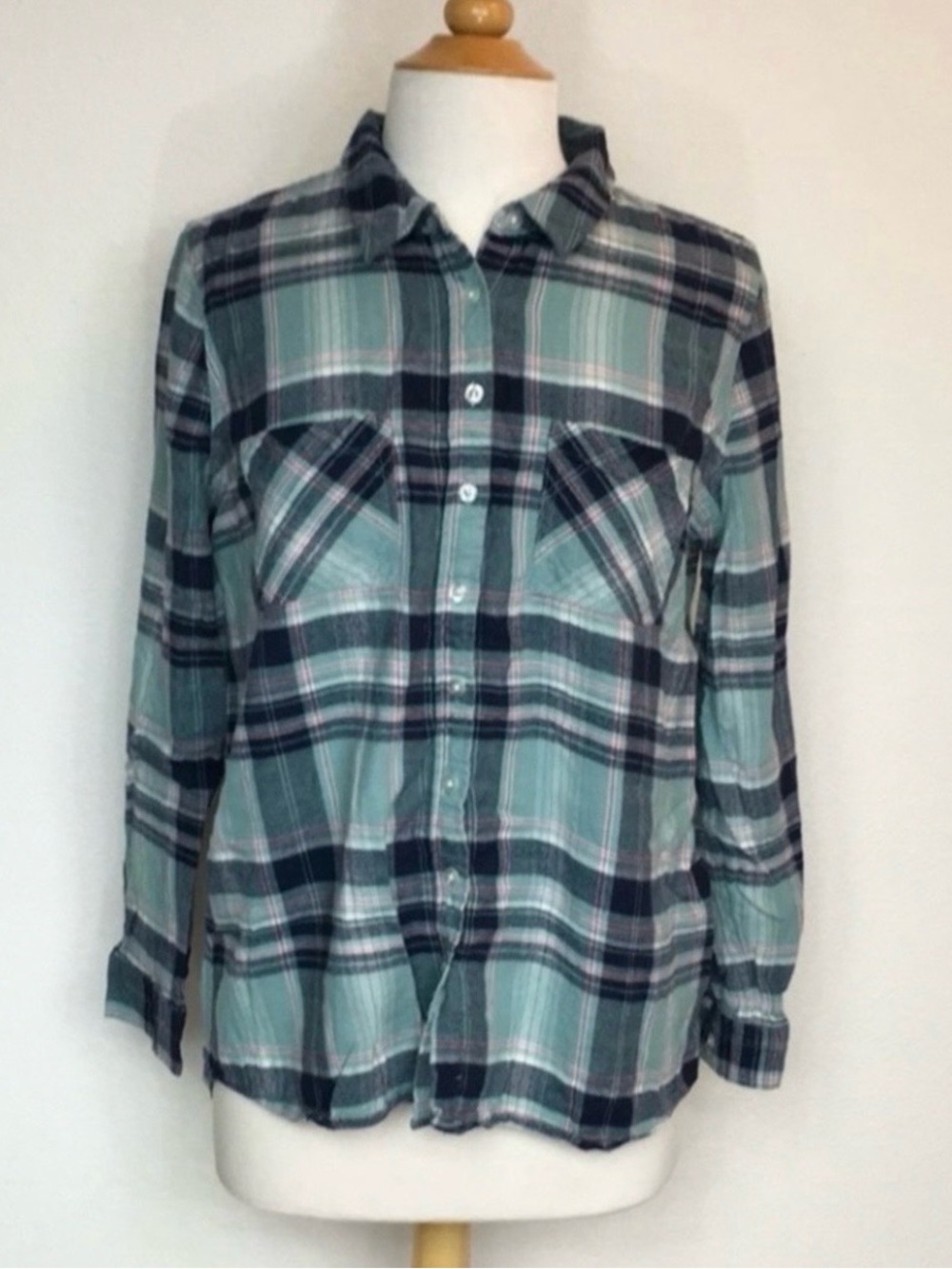 Olive & Oak Womens Turquoise Plaid Flannel Button Down Shirt Cabincore Size L